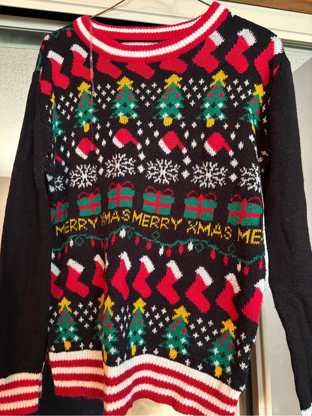 Festive Black Christmas Sweater with Trees & Stockings